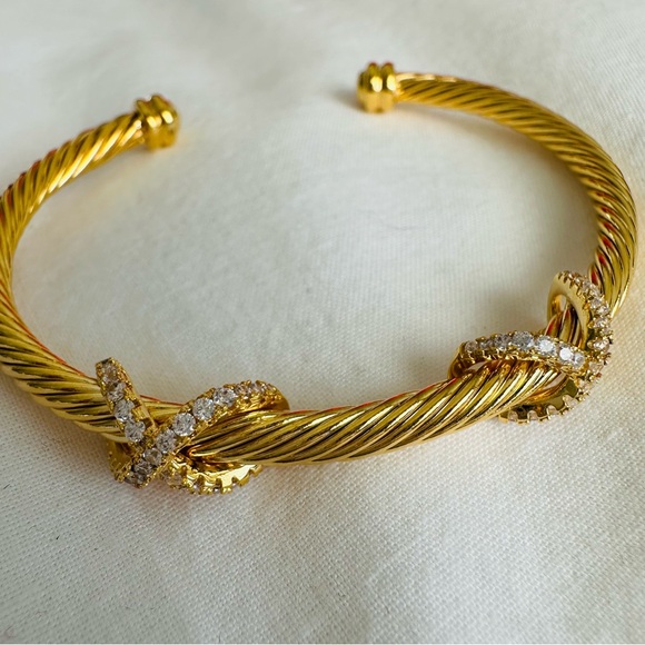 Luxury Gold-Tone Cuff Bracelet with Sparkling Simulated Diamonds - Picture 9 of 11